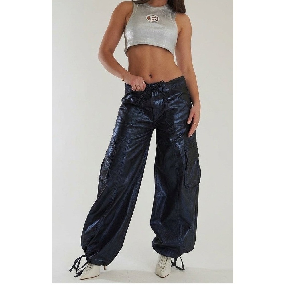 Revice The Maverick Black Coated Denim Wide Leg Cargo Parachute Pants Small